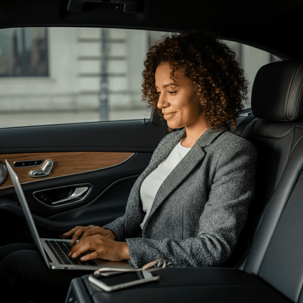 passenger riding in the back of the car working on their laptop